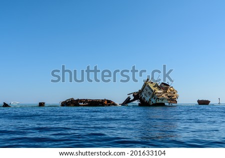 Sunken ship on coralreef near of Tiran island in Egypt