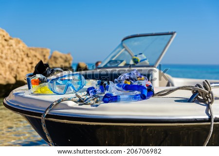 Snorkling equipment on the boat or yacht on island Tiran, Red Sea, Egypt