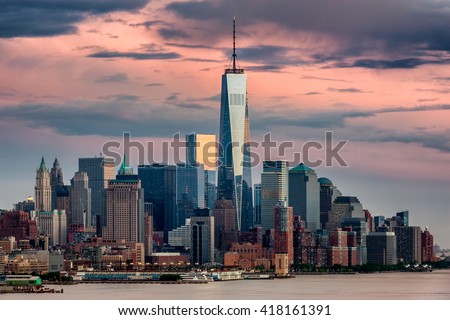 Lower Manhattan and One World Trade Center in New York City, USA as seen from Weehawken New Jersey