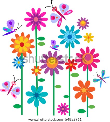 Springtime flowers and butterflies, vector illustration