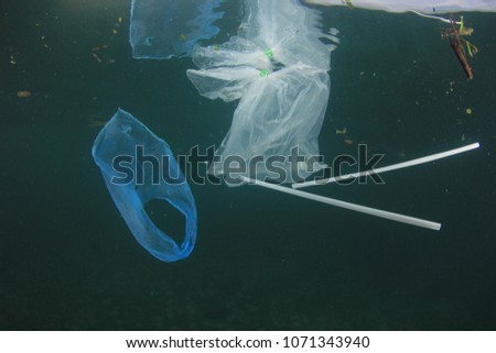 Plastic pollution in ocean problem. Carrier bags and straws in ocean
