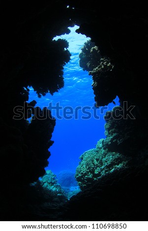 View onto the reef from an underwater cave in the Red Sea