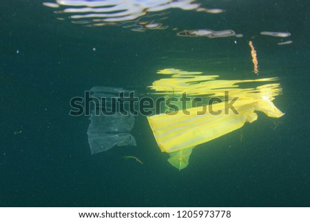 Plastic bags, bottles and straws pollution in ocean