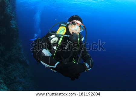 Scuba Diving instructor leads a group of divers