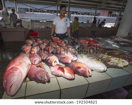 KOTA KINABALU, MALAYSIA - MAY 12 2014: Fish market with reef fish for sale. Image demonstrates environmental problem of overfishing declining fish stocks.