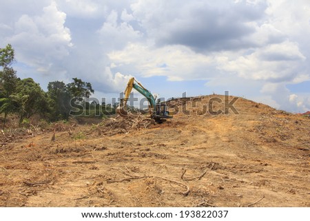 BORNEO, MALAYSIA - MAY 03 2014: Deforestation. Photo of tropical rainforest in Borneo being destroyed to make way for oil palm plantation.