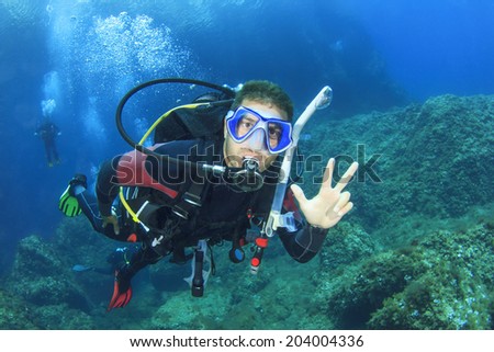 Scuba diving instructor leads a group of divers