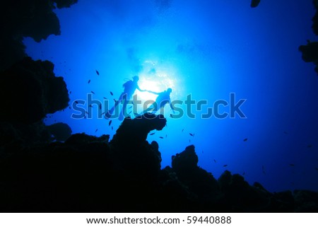 Scuba Diving couple about to descend into an underwater canyon