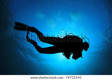 Scuba Diver silhouette against sunburst