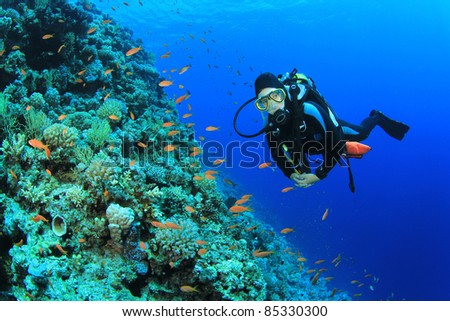 Young Woman Scuba Diver explores a Coral Reef in the Red Sea