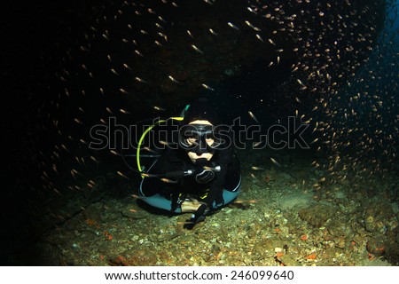 Female scuba diver in underwater cave