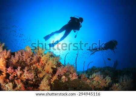 Scuba Diving on Coral Reef Underwater in Ocean