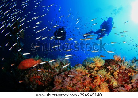 Scuba Diving on Coral Reef Underwater in Ocean