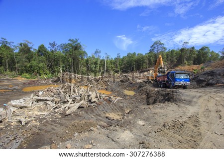 KUCHING, MALAYSIA - MAY 16 2015: Deforestation. Photo of tropical rain forest in Borneo being destroyed to make way for oil palm plantation.