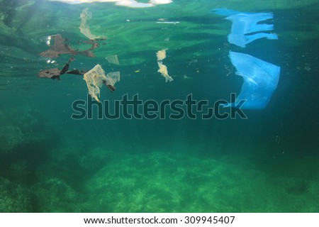 Plastic bag garbage trash rubbish pollution in ocean