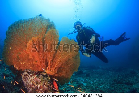 Young Woman Scuba Diver exploring underwater ocean