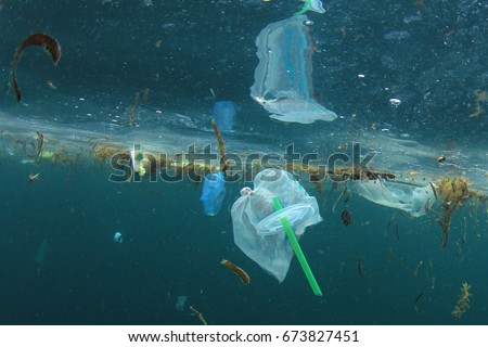 Plastic carrier bags and straws pollution in ocean
