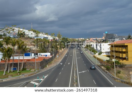 SAN AUGUSTIN. SPAIN - FEBRUARY 09; Road GC 500 at San Augustin in the Canary Islands in Spain. Photo taken on February 09, 2015, in San Augustin, Gran Canaria, Spain.