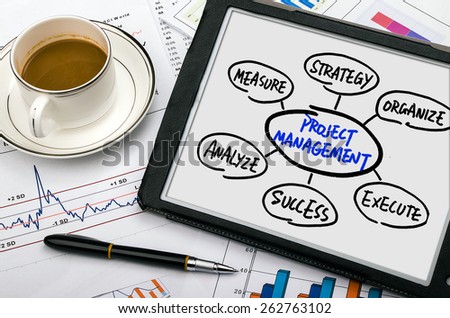 project management flow chart concept hand drawing on tablet pc