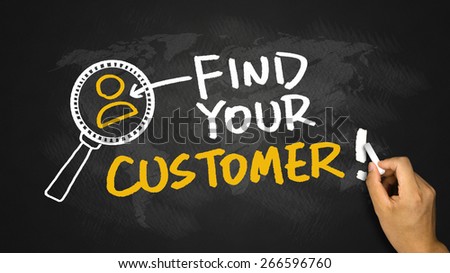 find your customer concept hand drawing on blackboard