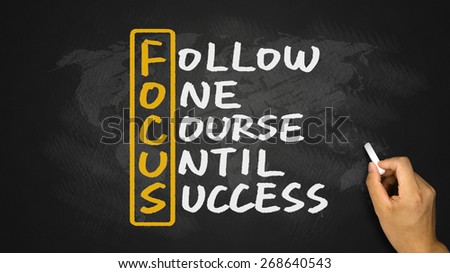 Focus acronym:follow one course until success handwritten on blackboard