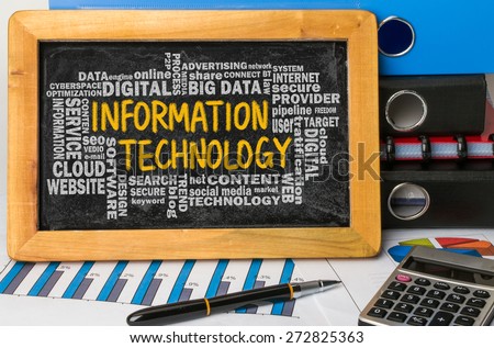 information technology concept with related word cloud handwritten on blackboard