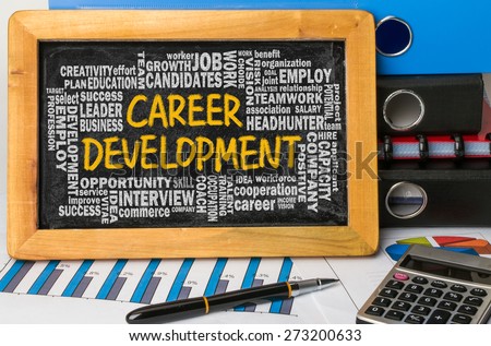 career development concept with related word cloud hand drawing on blackboard