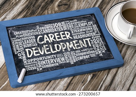 career development concept with related word cloud hand drawing on blackboard