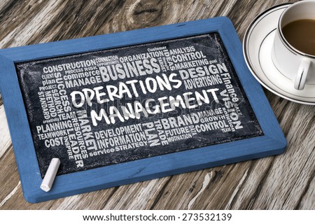 operations management concept with related word cloud handwritten on blackboard