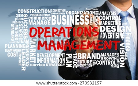 operations management concept with related word cloud handwritten by businessman