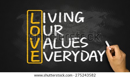 love concept: living our values everyday handwritten on blackboard
