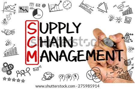 SCM concept:supply chain management handwritten on whiteboard