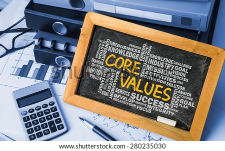 core values concept with business word cloud handwritten on blackboard