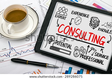 consulting concept chart with business elements on tablet pc