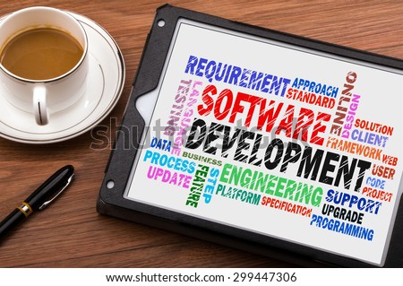 software development word cloud on tablet pc
