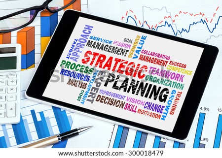 strategic planning word cloud on tablet pc
