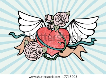 stock vector heart with wings and roses