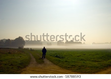 A shot of a loneley person in a misty landscape