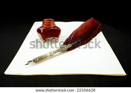 A Tabletop with a writing feather, an inkwell and paper