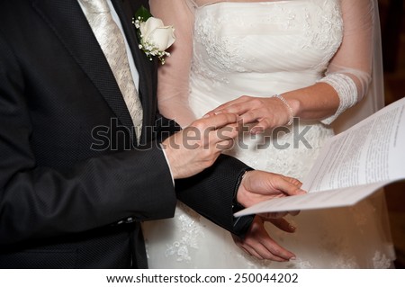 Groom puts ring on the Bride\'s hand