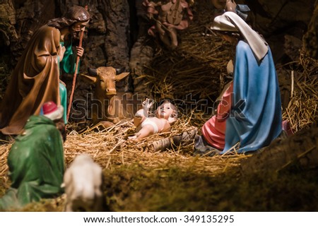 Gubbio, Italy - October 2015 - Permanent Christmas Manger scene with figurines including Jesus, Mary, Joseph, sheep and magi. Italy. 2015