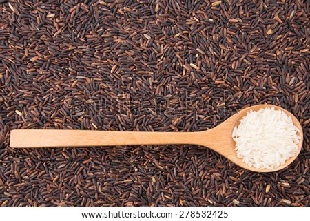 The raw white jasmine rice in a wooden spoon with black raw jasmine rice on the background.