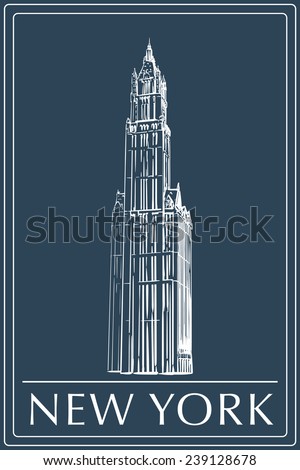 Famous neo-gothic wonder of New York - Woolworth building drawn in a simple sketch style. Isolated contour on dark blue background. EPS8 vector illustration.