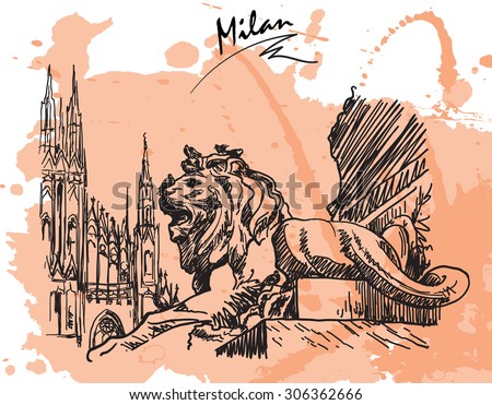 Gothic and Baroque architecture meeting together at Piazza del Duomo in Milan. Sketch style drawing imitating ink pen drawing with a grunge background on a separate layer. EPS10 vector illustration.