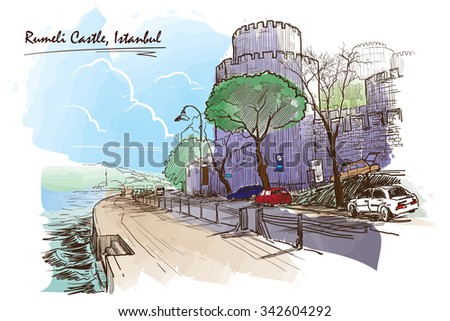 Panorama of Bosphorus strait seafront with Roumeli Hissar Castle. Painted sketch. EPS10 vector illustration.