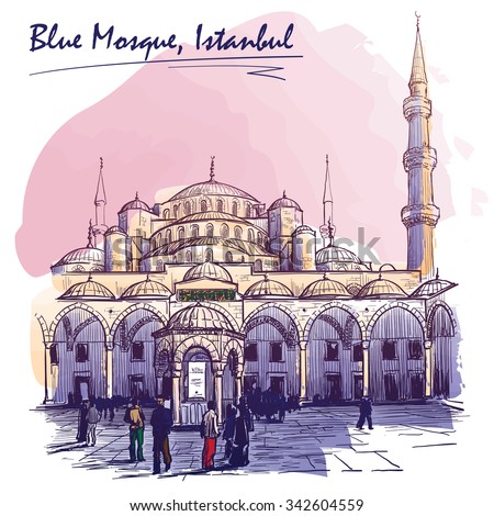 Sultan Ahmed Mosque courtyard with people coming for the Maghrib prayer. Painted sketch. EPS10 vector illustration.