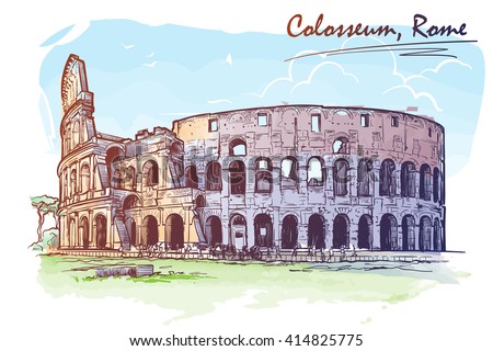 Roman Colosseum. Watercolor imitating painted sketch. Travel sketchbook architecture drawing. Vintage sketch. EPS10 vector illustration.