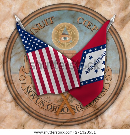Flag of the United States of America with the Flag of Arkansas  isolated ,and Reverse side of United States of America Great Seal