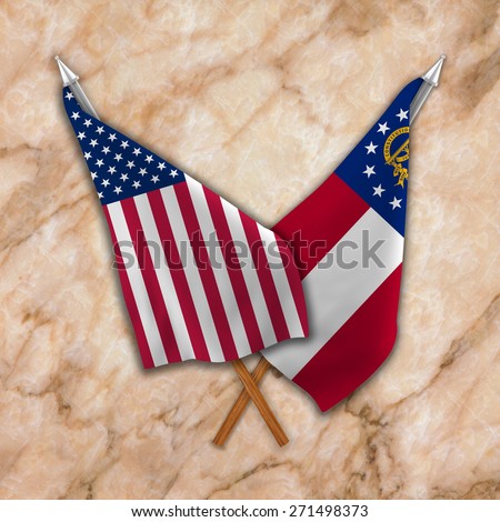 Flag of the United States of America with the   Flag of Georgia  isolated on sweet marble light brown