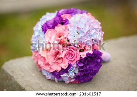Bridal bouquet wedding hydrangea flowers, bride bouquet colorful flowers. floral wedding theme. selective focus